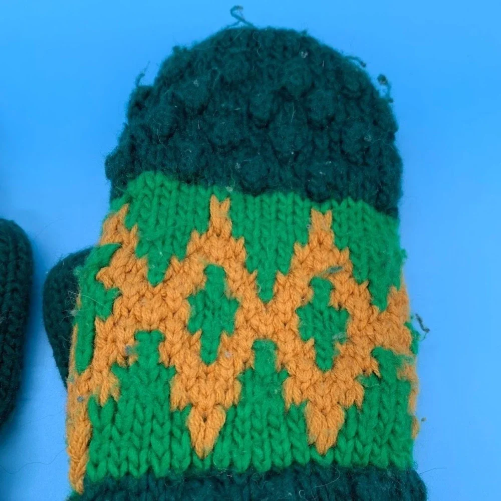 Vintage Green Knit Adult Mittens Gloves Handmade‎ Retro Winter Ski